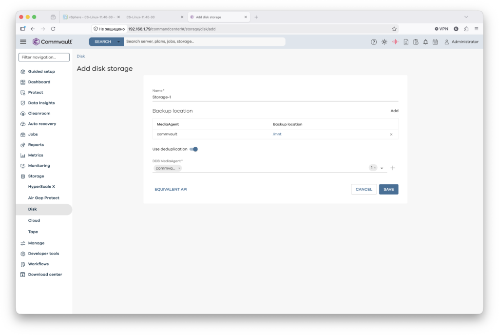 Форма Add disk storage в Commvault 11.40 на Linux — путь /mnt, дедупликация включена, выбор DDB MediaAgent