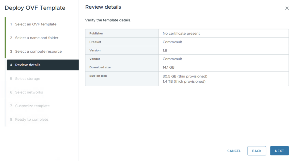 Развёртывание OVA-шаблона Commvault в VMware vSphere